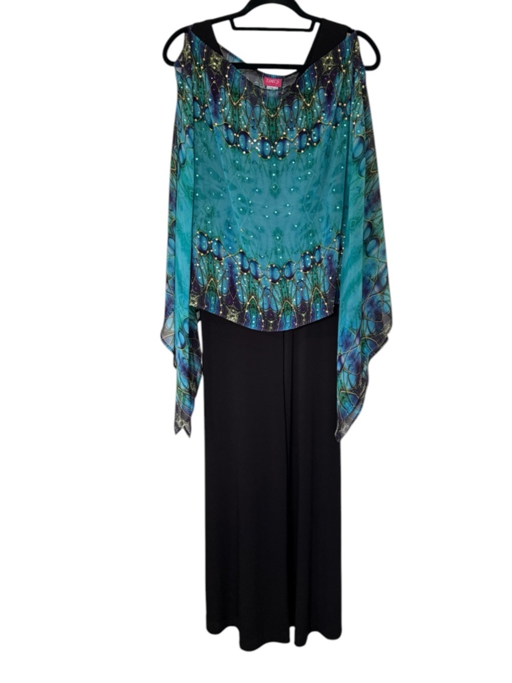 Clara Sun Woo Black V-Neck Wide Leg Jumpsuit with Colorful Overlay